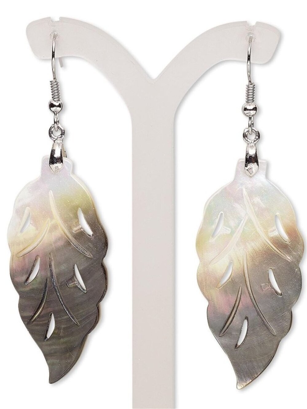 Handcrafted Natural Organic Pale Black Lip Shell Cutout Leaf Pendant Earrings